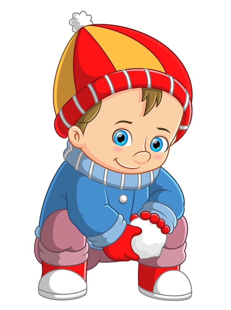 Вектор маленький мальчик играет зимой со снегом