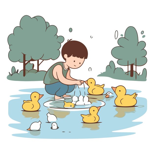 Vector little boy playing with ducklings in a pond