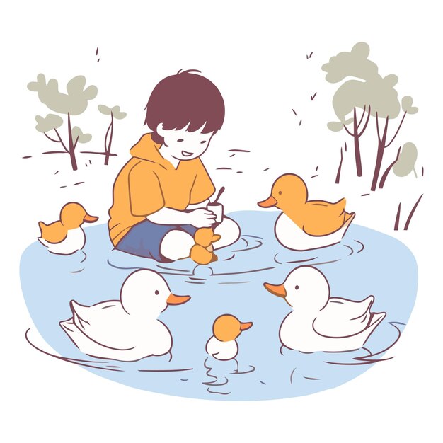 Vector little boy playing with ducks in the park cute vector illustration