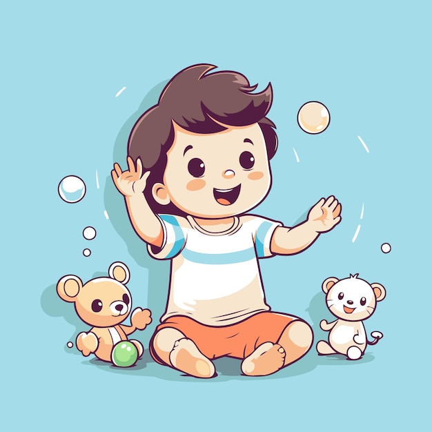 Маленький мальчик играет с плюшевым медведем и пузырьками Векторная иллюстрация