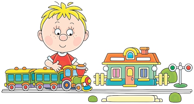 Little boy playing with a toy railway train and a station in his playroom vector cartoon illustrati