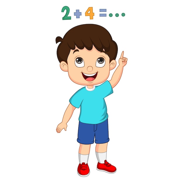 Vector little boy pointing about the answer to the sum of the numbers