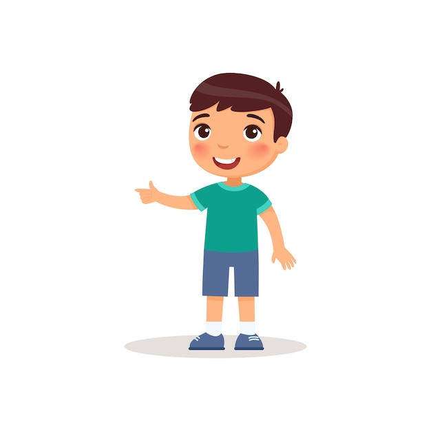 Little boy pointing with index finger flat vector illustration.