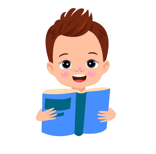 本を読んでいる小さな男の子、青い本に「」という言葉。