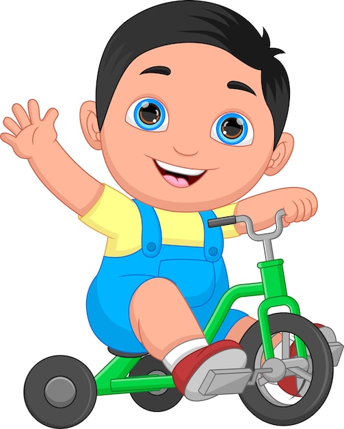 Маленький мальчик катается на трехколесном велосипеде и машет рукой
