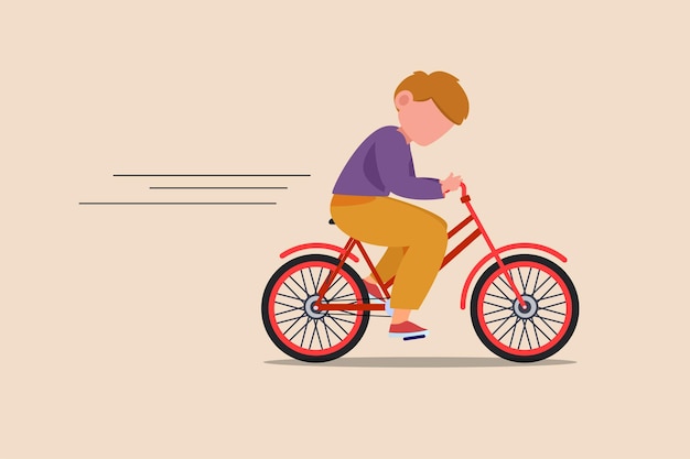 Little boy riding a bicycle fast Bicycle activity concept Flat vector illustrations isolated