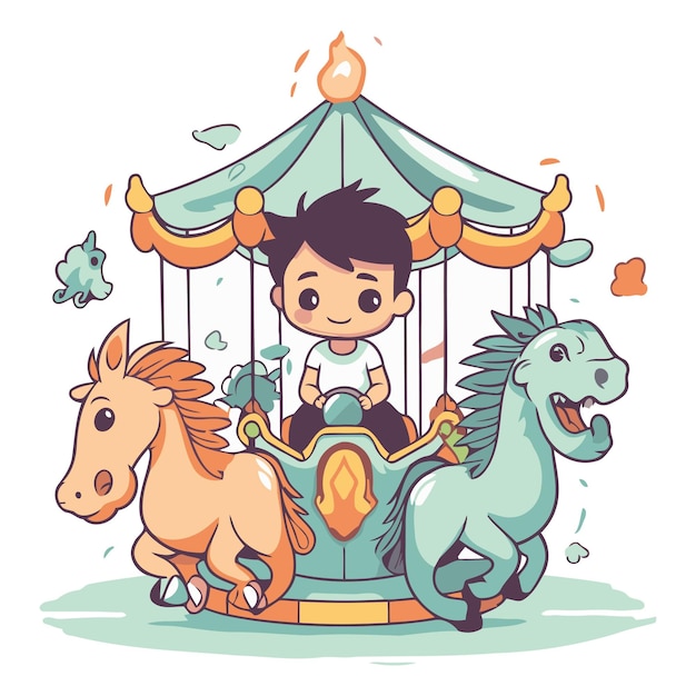 Vector little boy riding a horse on a merrygoround