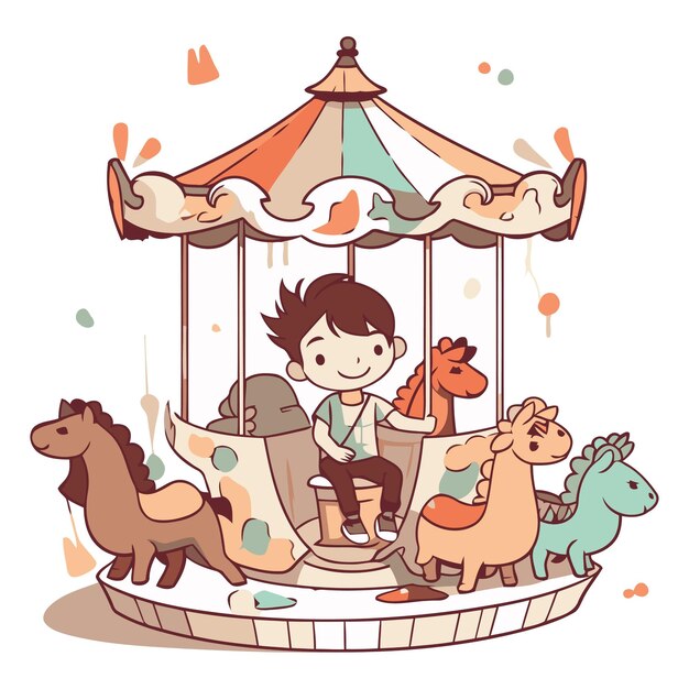 Vector little boy riding a merry go round carousel