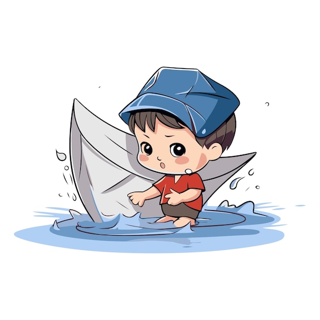 Little boy riding a paper boat in the sea