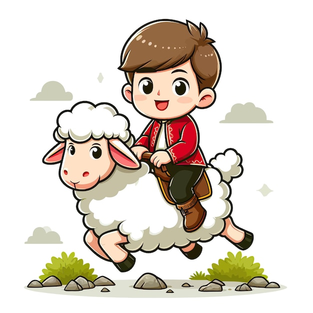 Vector little boy riding a sheep