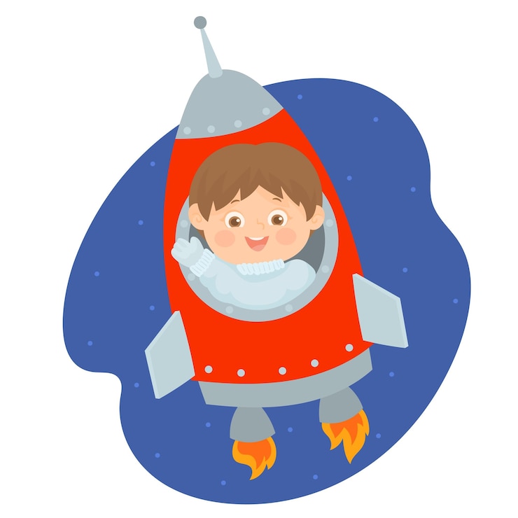 Vector a little boy in a rocket space rocket blasting