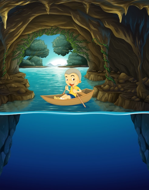 Vector little boy rowing boat in the cave