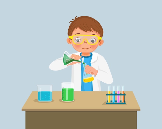 실험실에서 과학 프로젝트 실험을 하는 플라스크에 화학 액체를 혼합하는 어린 소년 과학자