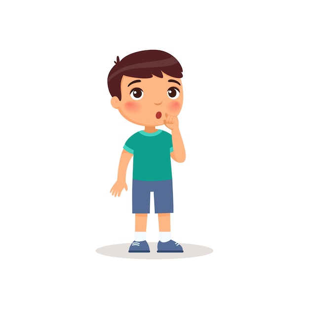 Little boy showing silence gesture flat vector illustration.