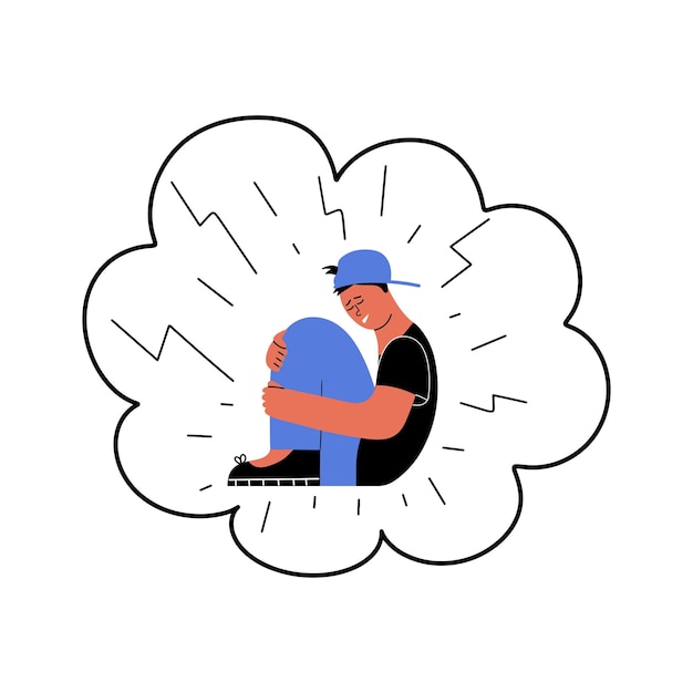 Vector a little boy sits with his arms around himself concept of panic attack phobia fear neurosis ocd vector illustration in a flat style