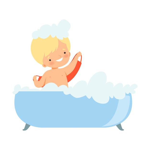 Vector little boy sitting in bathtub and washing with shower puff vector illustration