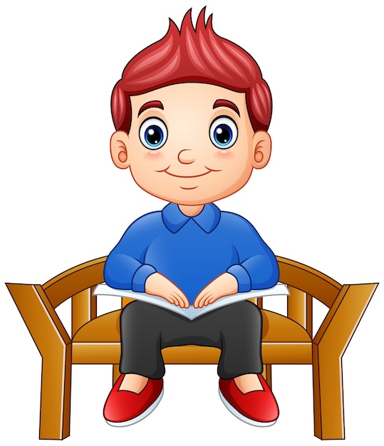 Vector little boy sitting on a chair reading a book