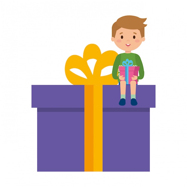 Vector little boy sitting in gift with winter clothes