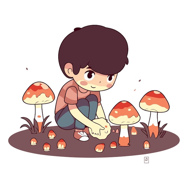 Vector little boy sitting on the ground and picking mushrooms