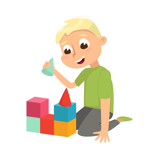 Vector little boy sitting and learning geometrical figures vector illustration