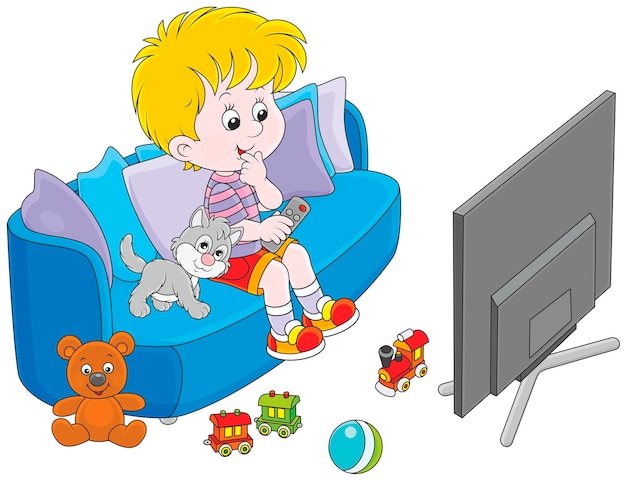 Vector little boy sitting on the sofa and watching tv