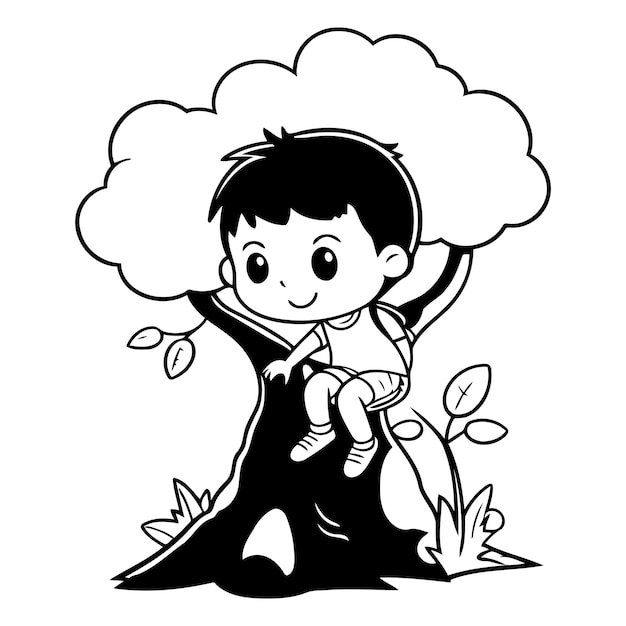 Vector little boy sitting on a tree of a cartoon character