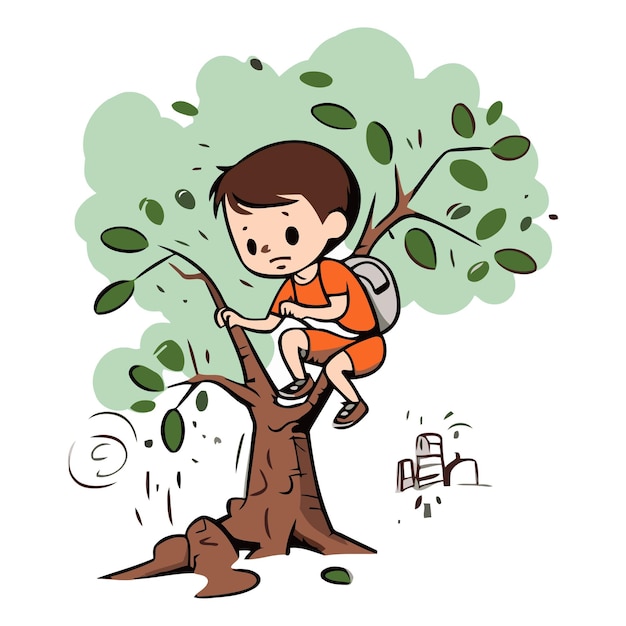 Vettore ragazzino seduto sull'albero caricatura caricatura vettoriale carina