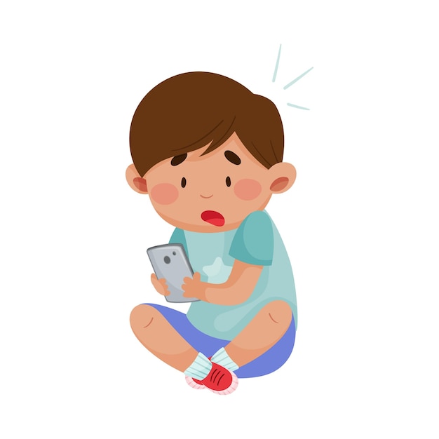 Little Boy Sitting with Smartphone in His Hand and Confused Face Expression Vector Illustration