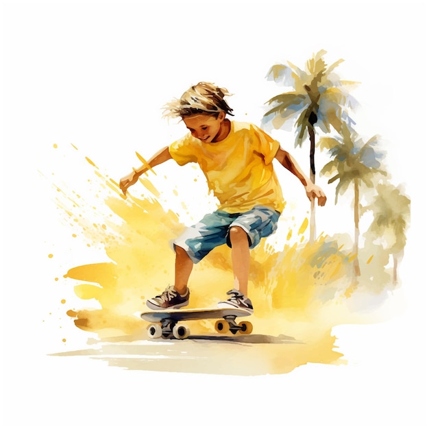 Pittura dell'acquerello di skateboard del ragazzino