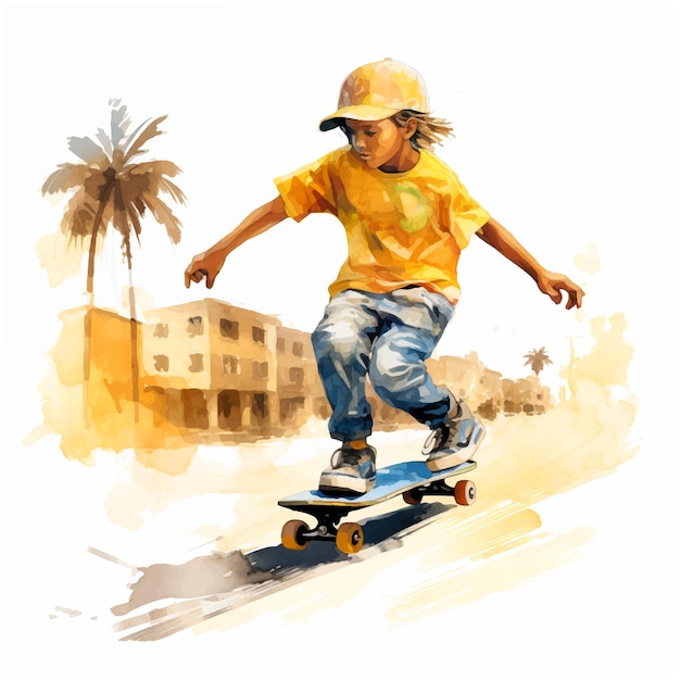 Little boy skateboarding watercolor paint