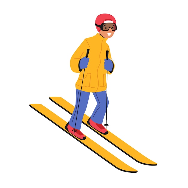 Little boy skiing outdoors leisure, winter sports activity\
isolated on white background. child going downhill by skis