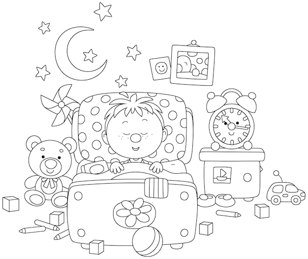 Vector little boy sleeping in his pretty small bed among funny toys in a nursery room on a moonlit night