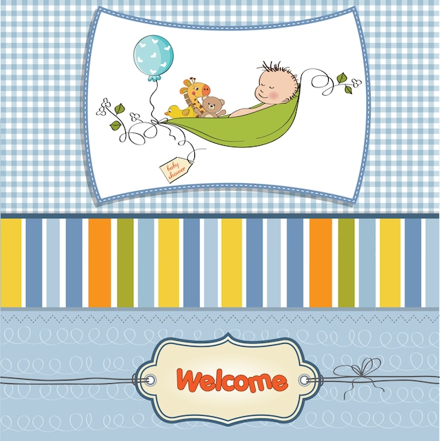 Vector little boy sleeping in a pea been, baby announcement card