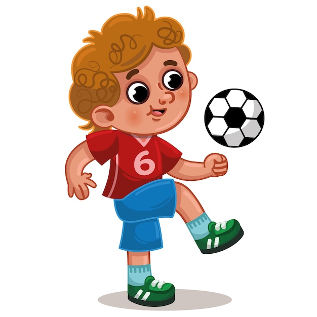 Little boy in sportswear is playing with a soccer ball