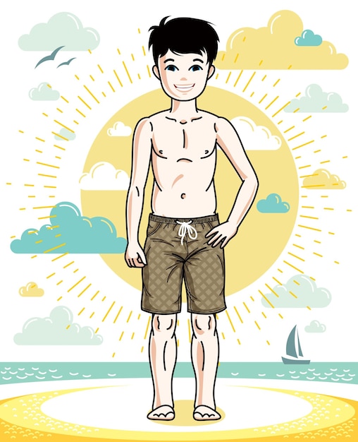 Little boy standing in colorful stylish beach shorts. Vector character. Childhood lifestyle clip art.