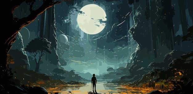 little boy standing on giant leaves looking at a night skyillustration painting