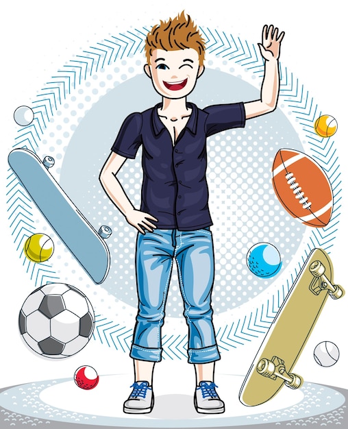 Little boy standing wearing fashionable casual clothes. Vector pretty nice human illustration. Childhood lifestyle clip art.