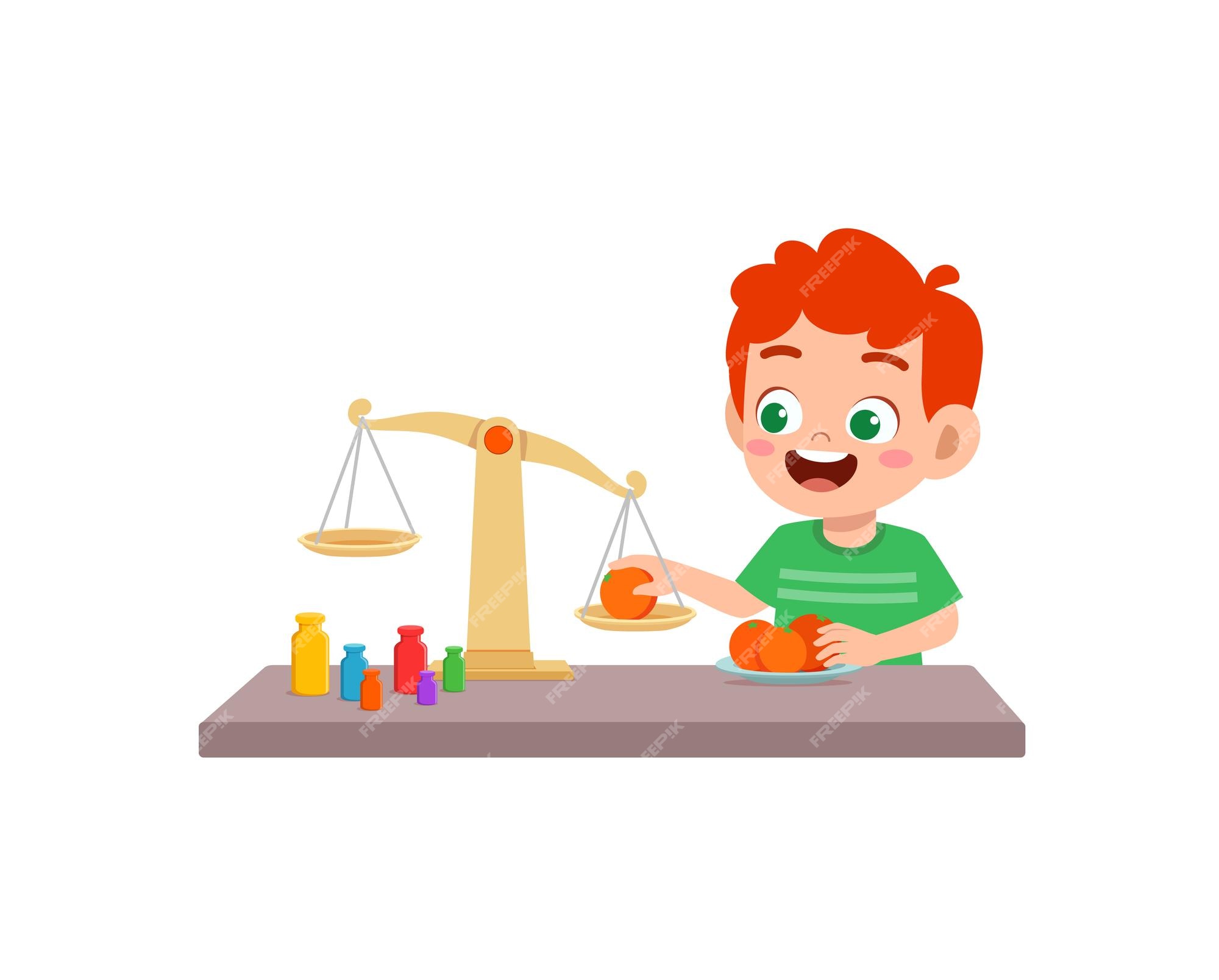 Premium Vector | Little boy study about weighing scale to balance object Premium Vector | Little boy study about weighing scale to balance object