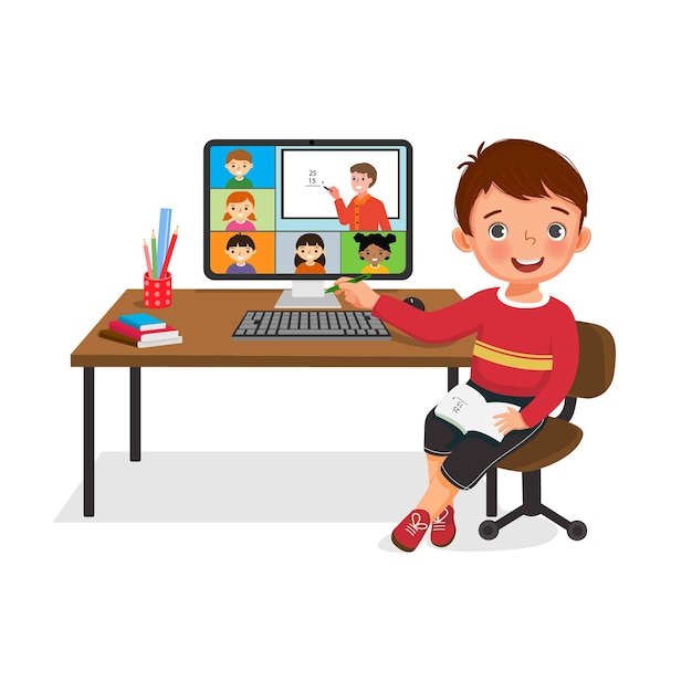 Little boy studying online using computer via video conference with students and teacher