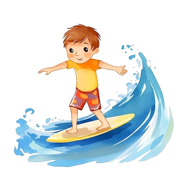 Little boy surfing watercolor paint