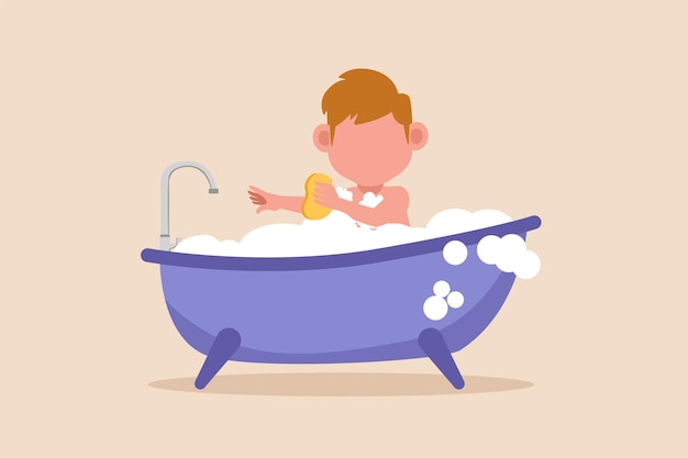 Little boy takes a bath in the bathtub Cleaning concept Flat vector illustrations isolated