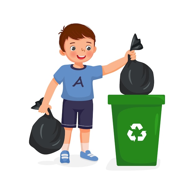 Маленький мальчик выносит мусор из мешка для мусора в мусорную корзину в качестве повседневной работы по дому