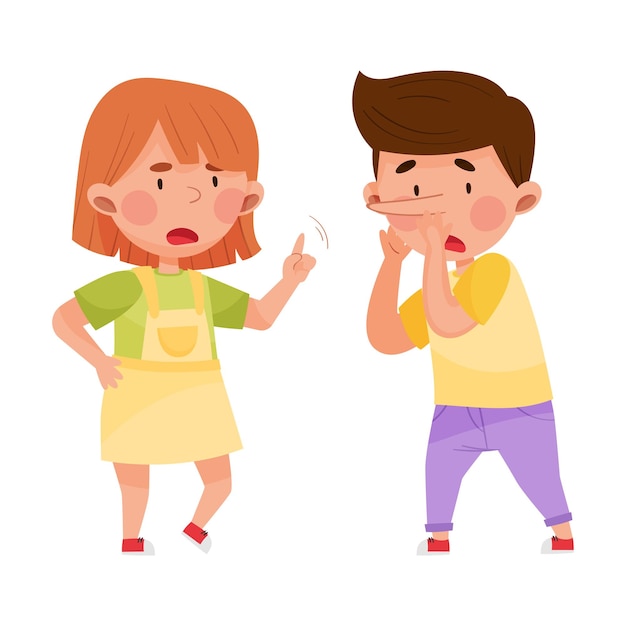 Vector little boy telling lie to his agemate girl vector illustration