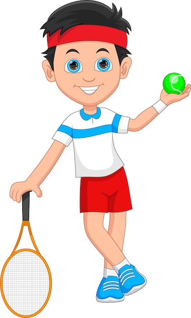 little boy tennis player holding racket and ball