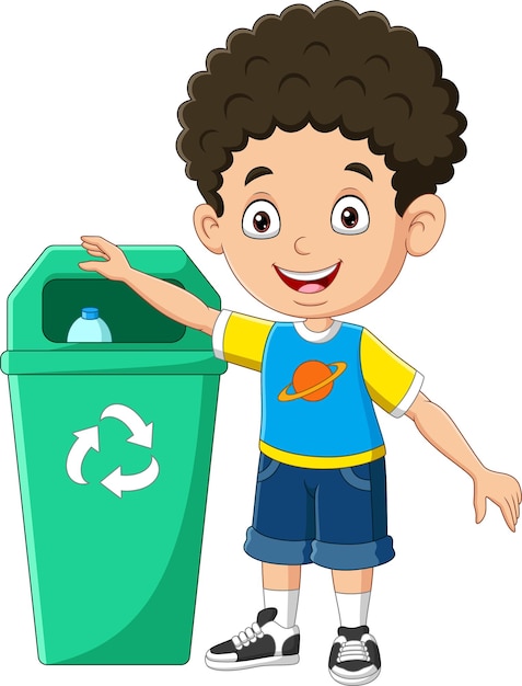 Vector little boy throwing trash into litter bin