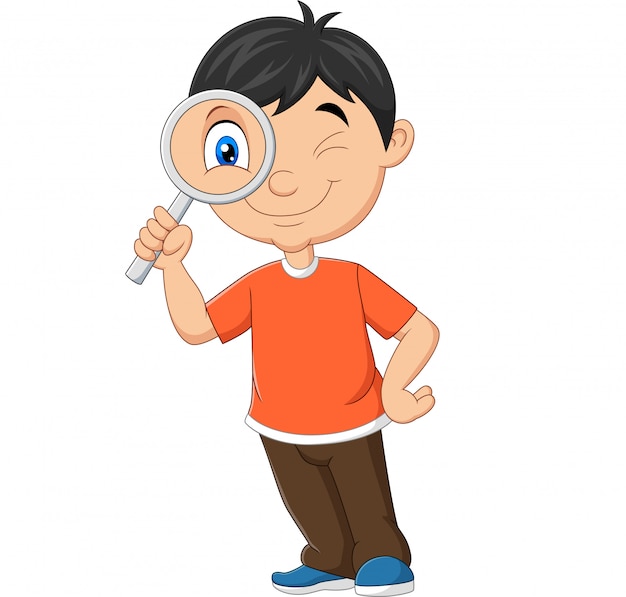 Vector little boy using magnifying glass