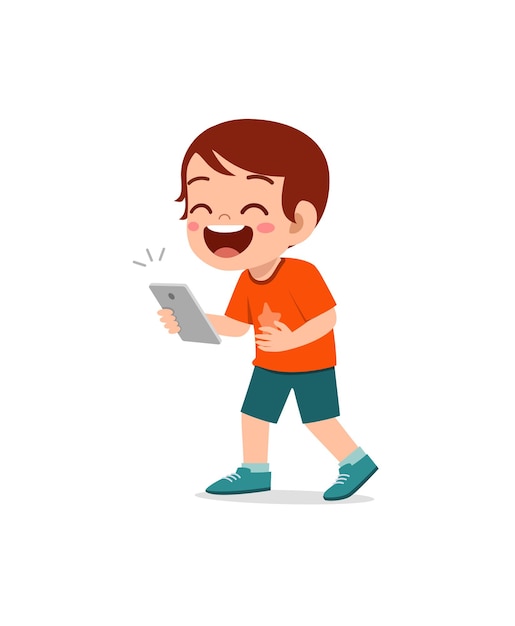 Little boy using mobile phone and laugh