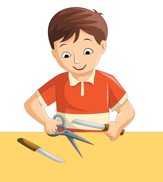 Vettore ragazzino che usa oggetti appuntiti come forbici e coltello
