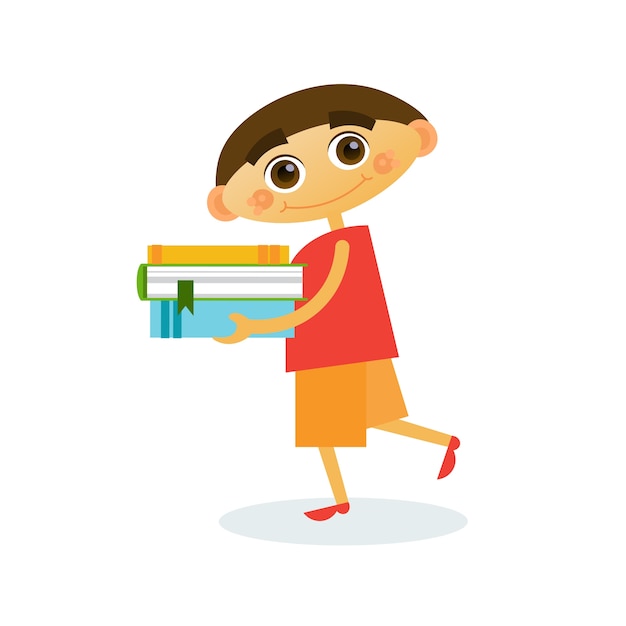 Little Boy Walk Holding Stack Of Books Reading Cute Kid