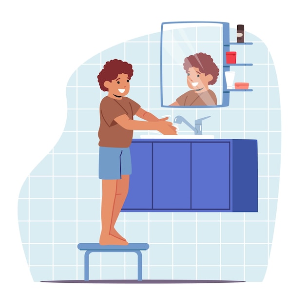 Little boy washing hands in sink stand on low chair. kid character morning or evening daily routine. child in bathroom